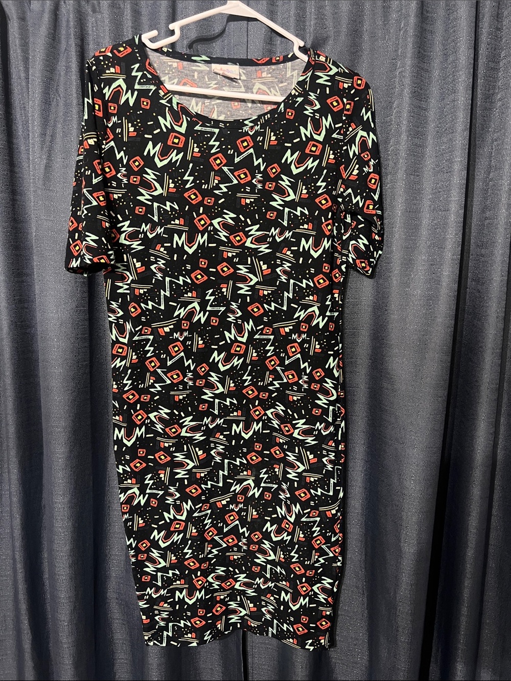 LuLaRoe Black Midi Dress with Red and Mint Graphic Print